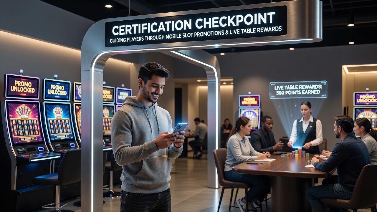 Mobile device displaying slot game interface with certification badges and promotional overlays