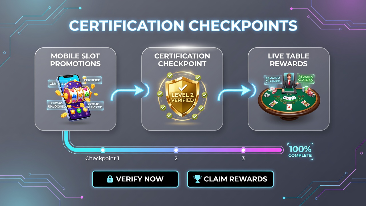 Live dealer table on tablet screen showing reward progress bar and certification status indicators