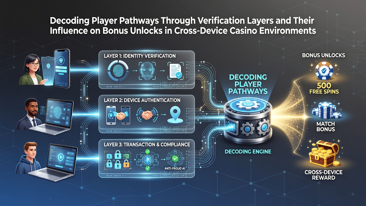 Illustration of player verification pathways across multiple casino devices including mobile and desktop interfaces