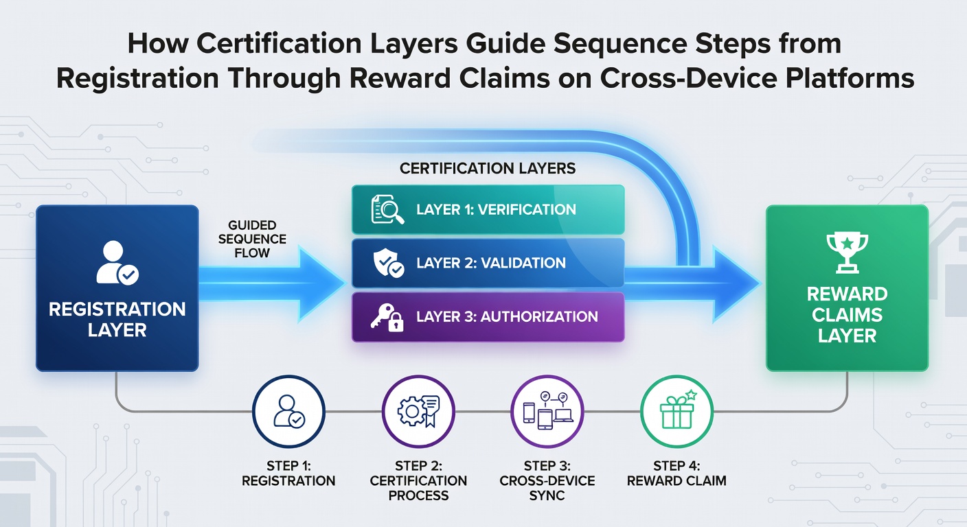 Diagram showing certification layers guiding user sequence from registration to reward claims on cross-device platforms