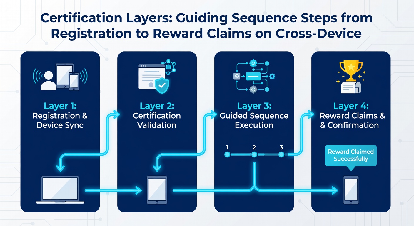 Illustration of cross-device reward claim process with layered security certifications