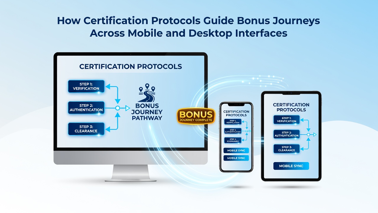 Diagram illustrating certification protocol flows connecting mobile and desktop bonus activation steps