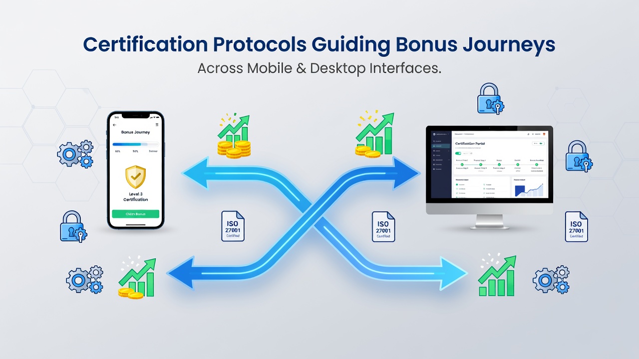 Flowchart showing step-by-step bonus redemption process synchronized between mobile app and desktop browser interfaces