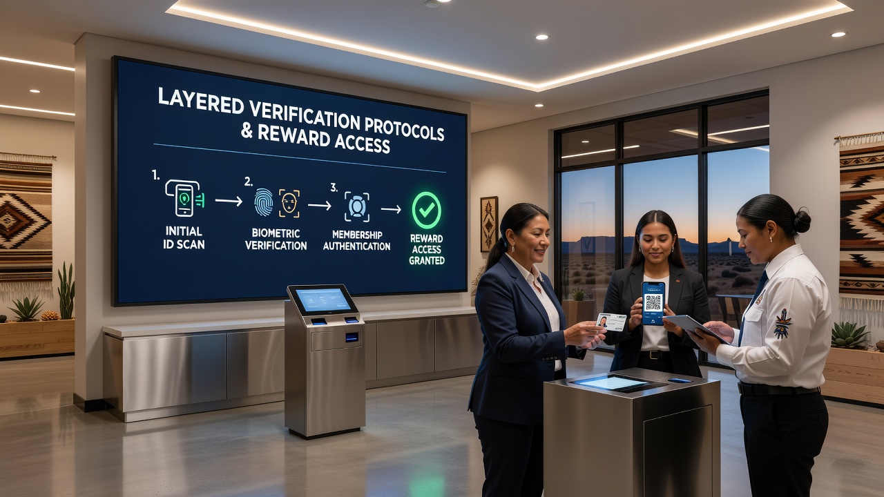 Layered verification steps displayed on a tribal casino rewards terminal