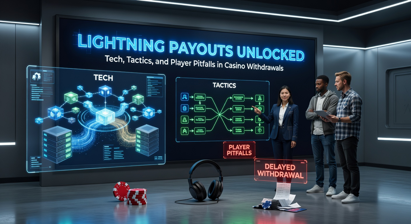 Digital graphic showing lightning bolts striking casino chips and speedometer racing towards instant payout icons, symbolizing rapid withdrawal technology in online gambling