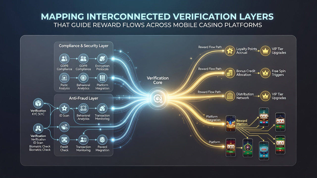 Diagram showing interconnected verification layers in mobile casino platforms guiding reward flows