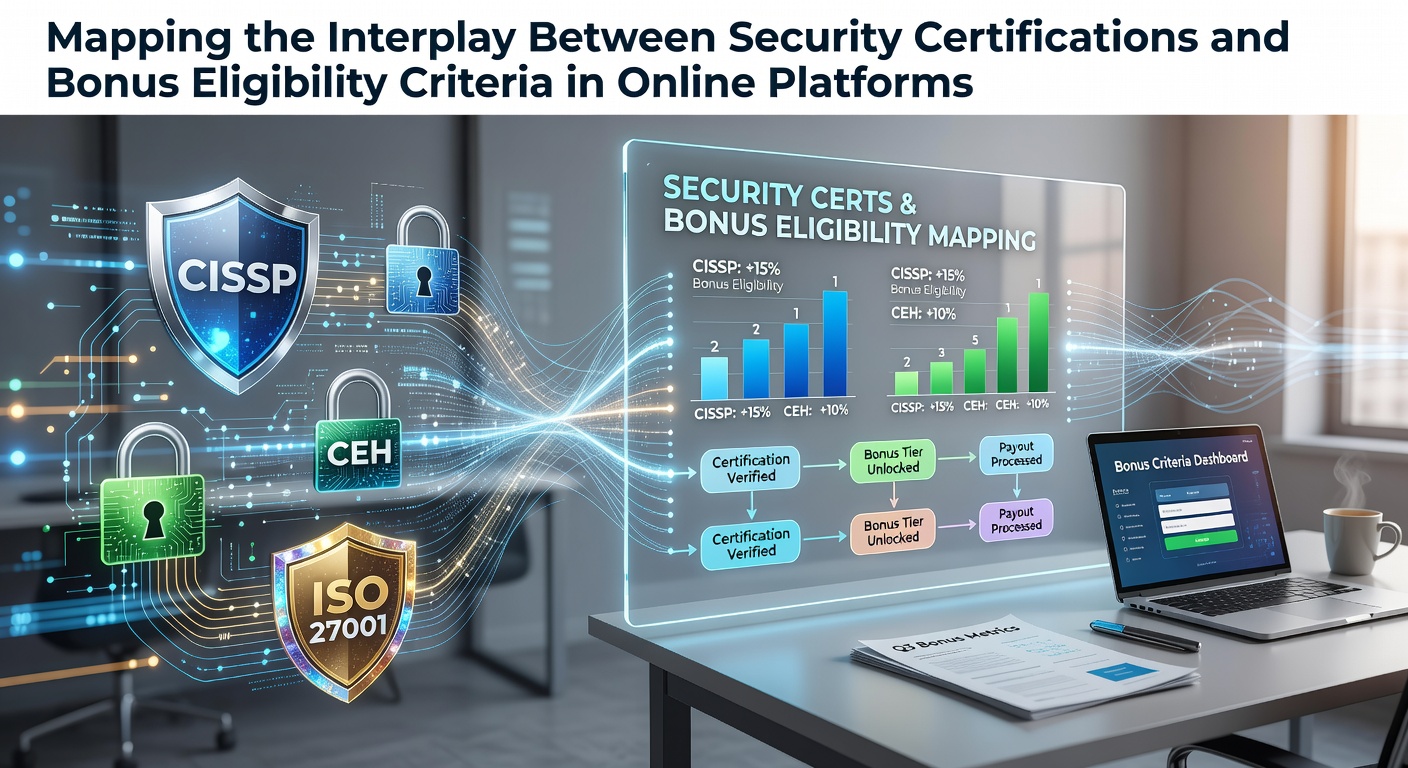 Digital security certification icons overlaid on an online platform interface showing bonus terms and verification processes