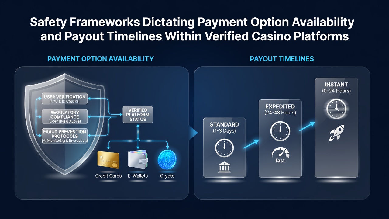 Illustration of secure payment processing in verified casino platforms with digital transaction icons and safety shields