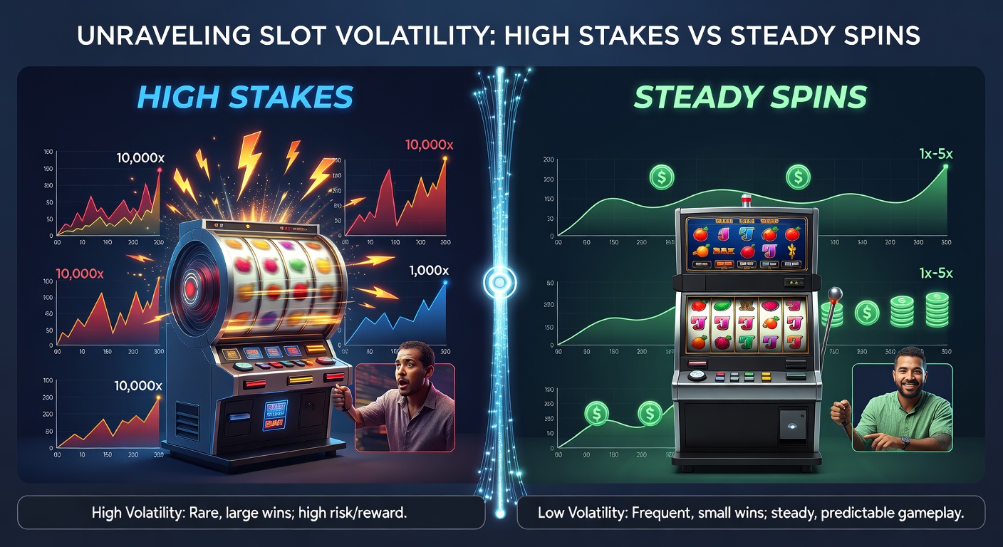 Comparison chart illustrating payout distributions between high and low volatility slot machines, highlighting win frequency versus payout size