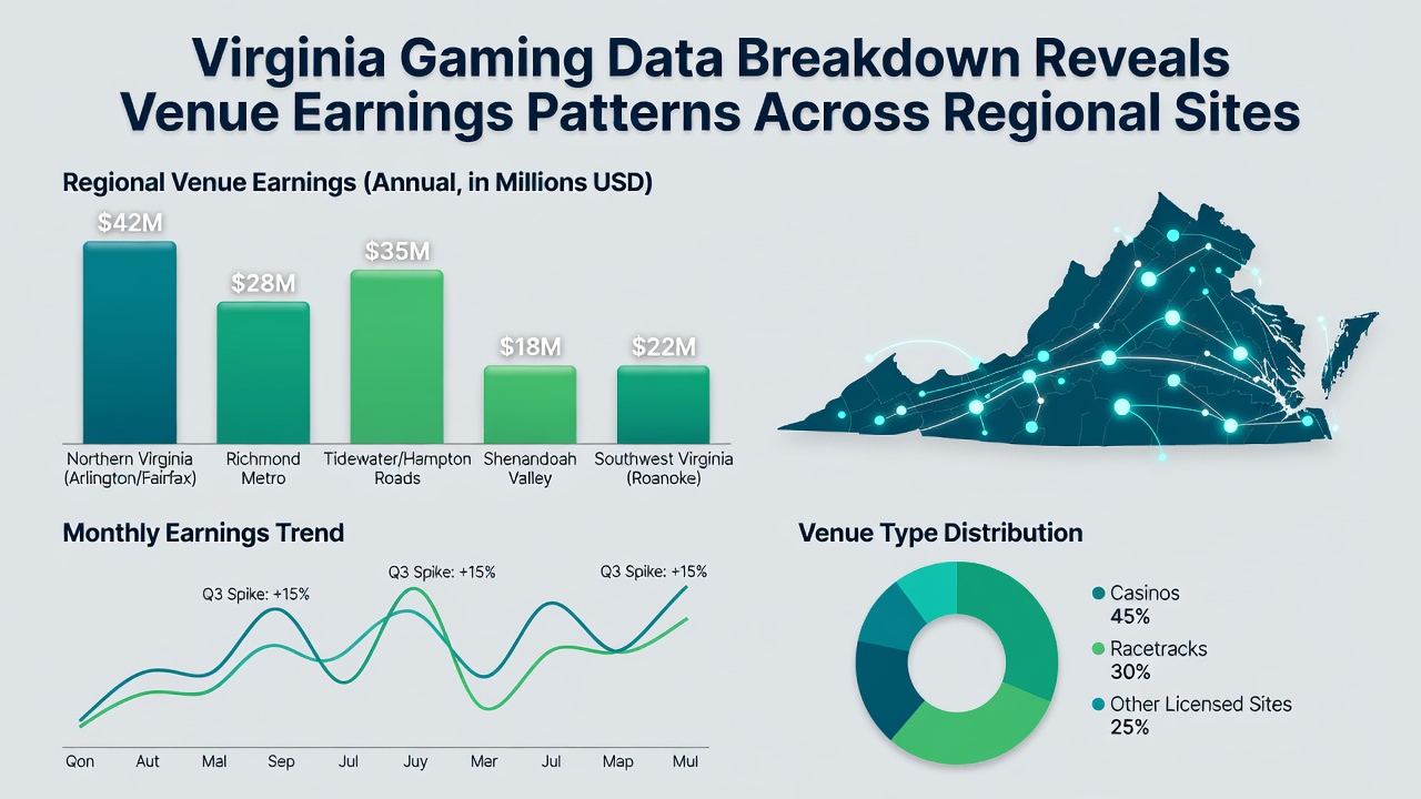 Map and graphs detailing regional earnings distribution for Virginia casino sites