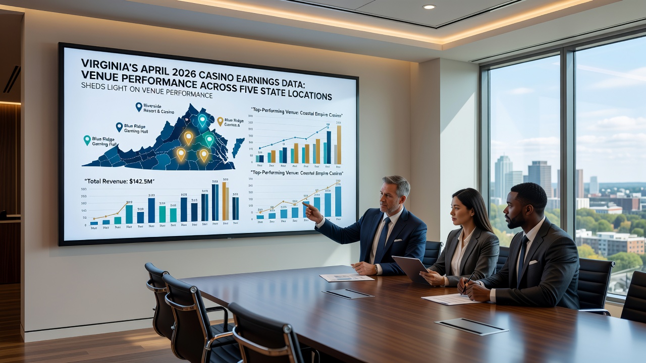 Detailed infographic of Virginia casino venues with revenue pie charts, player demographics, and performance metrics for April 2026